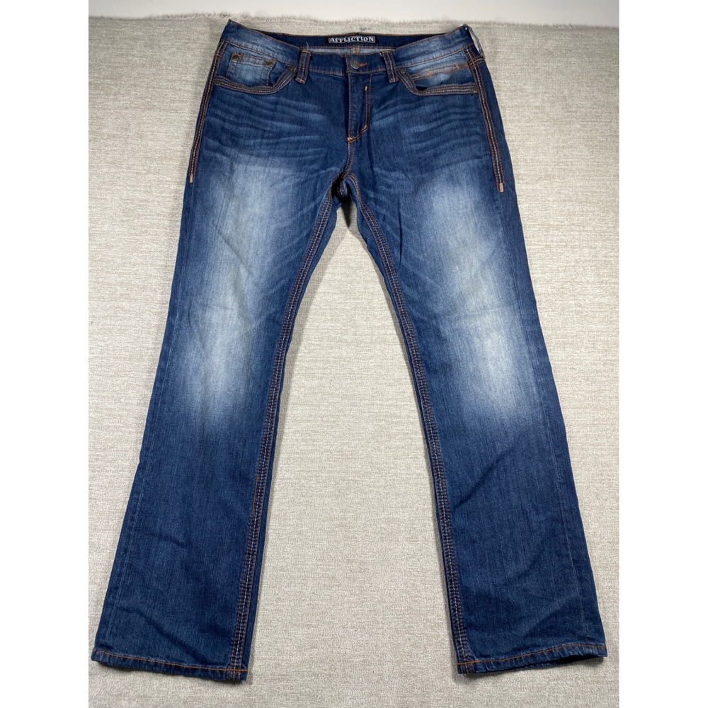 Affliction Ace Straight Leg Jeans Men 36 Blue Embroidered Y2K Contrast Stitch